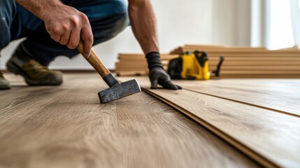 Carpenter installing wooden flooring. Featuring floor installation and carpentry work