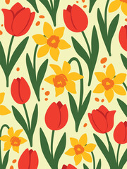 Bright seamless pattern featuring red tulips and yellow daffodils with green leaves on a light background. Perfect for spring designs, fabric, wallpaper and wrapping paper.