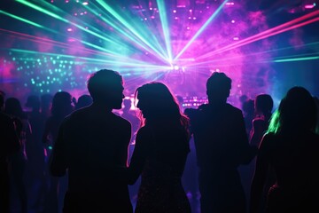 Obraz premium Silhouetted couple intimately close at a vibrant nightclub, bathed in neon laser lights.