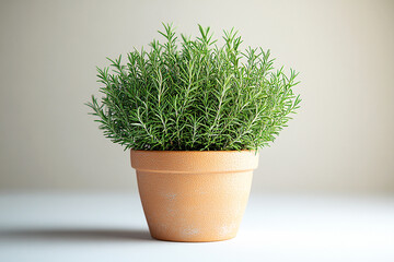 Potted rosemary plant with needle-like leaves on a white background. Herb in pot.