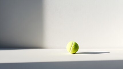 A dynamic tennis ball positioned on a clean white surface neutral lighting
