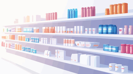 The image shows a perspective view of multiple rows of shelves filled with various products.  The shelves are white and the products are in a variety of colorful packaging. The lighting is bright,