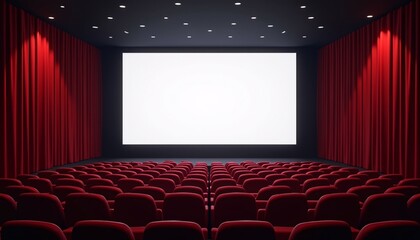 Movie cinema hall interior with rows of seats and white blank mockup screen. illustration.