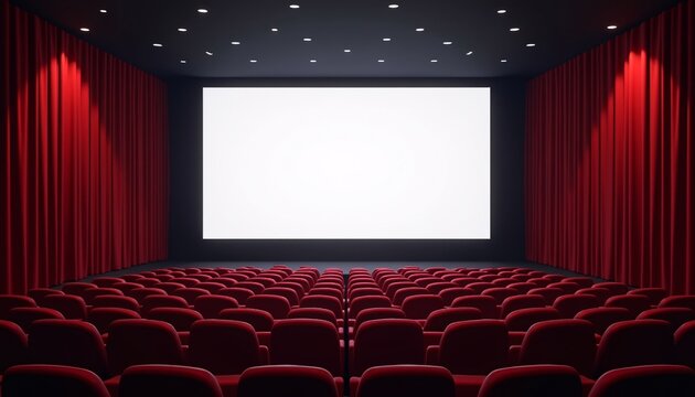 Movie cinema hall interior with rows of seats and white blank mockup screen. illustration.