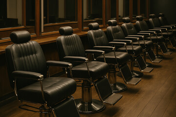 Symmetrical black leather barber chairs aligned in dark wood vintage salon