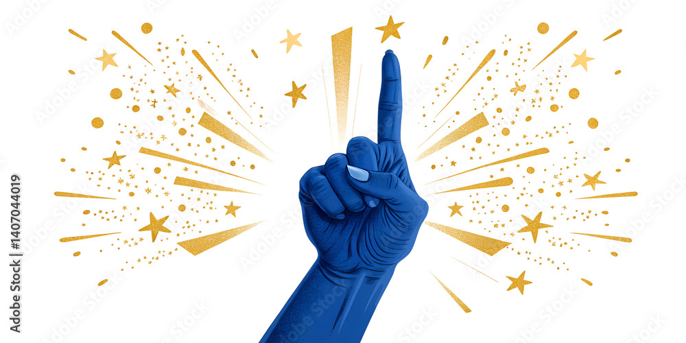 Poster a bright cobalt blue hand extends upward with a pointing finger, surrounded by a dynamic burst of go