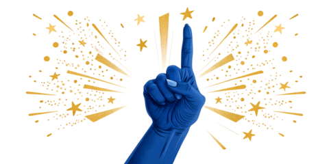 A bright cobalt blue hand extends upward with a pointing finger, surrounded by a dynamic burst of golden stars and sparkles. The vivid colors and playful design capture a PNG transparent