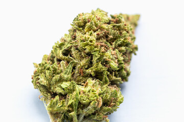 Macro image of single cannabis bud on white background, showing texture, trichomes and vibrant...