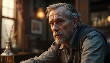 Obraz premium Pensive Elderly Man in Rustic Pub: A Dramatic Portrait