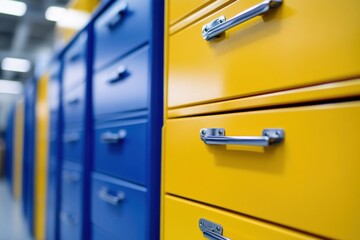 Blue and yellow lockers with chrome handles in school hallway