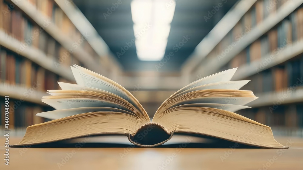 Poster books floating in the air with surrealism and float concept. an open book on a wooden table in a lib
