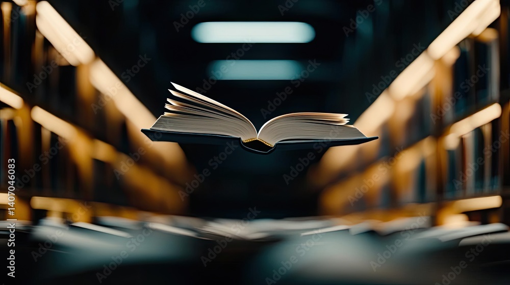 Poster books floating in the air featuring bookshelves and surrealism concept. a floating book in a dim lib
