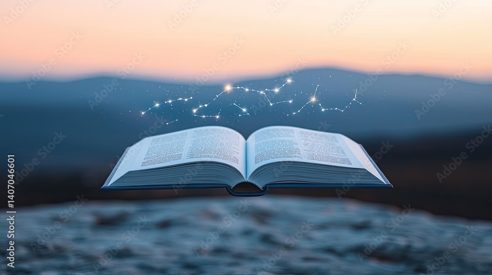 Poster open book under starry sky inspiring universe of learning concept. an open book levitates with magic