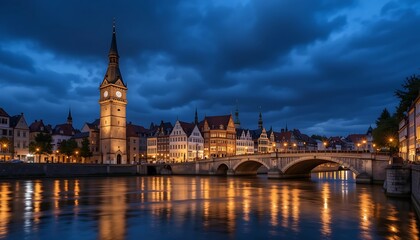 Fototapeta premium Nightfall's Embrace: A Serene Riverfront Cityscape at Dusk