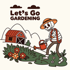 Cartoon Skeleton Gardening With Watering Can Near Barn And Hills