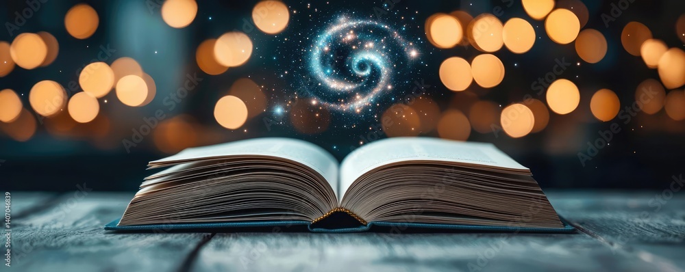 Poster open book under starry sky reflecting universe of knowledge concept. an open book with a swirling ga