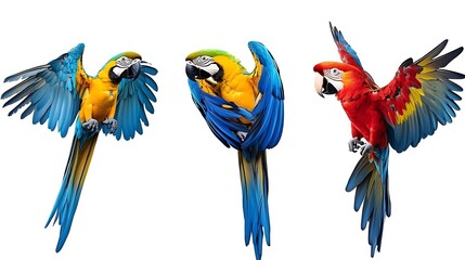 Naklejka premium Three Colorful Macaws On White Background With Open Wings Displaying Vivid Plumage Isolated For Wildlife And Bird Enthusiasts