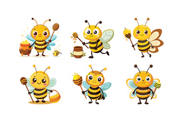 Fototapeta premium Cute bee character set, funny honey bees with dippers and pots, vector illustration collection of six happy insects for children design projects vector