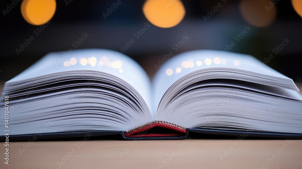 Poster open book under starry sky reflecting universe of knowledge concept. an open book lays on a table wi