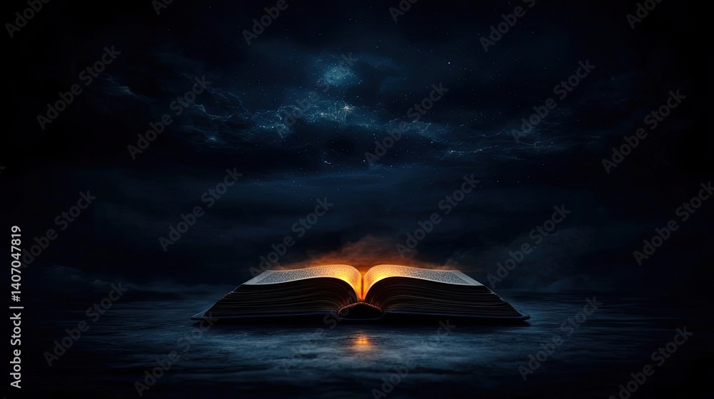 Poster open book under starry sky reflecting universe of knowledge concept. an illuminated open book in a d
