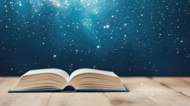 Open book under starry sky inspiring universe of learning concept. An open book under a starry night sky inspires wonder and imagination.
