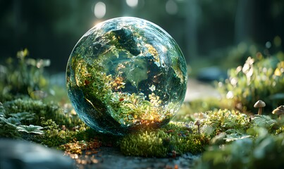Earth in Moss: A crystalline sphere reflecting a miniature Earth rests gently on a bed of vibrant green moss, surrounded by small mushrooms, bathed in soft sunlight.