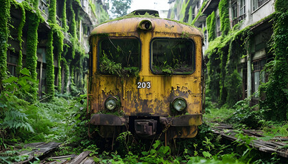 Rusty Yellow Train Car 203 Surrounded By Lush Vegetation
