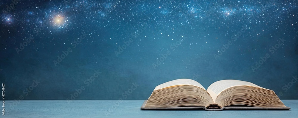 Poster open book under starry sky inspiring universe of learning concept. an open book under a starry sky, 