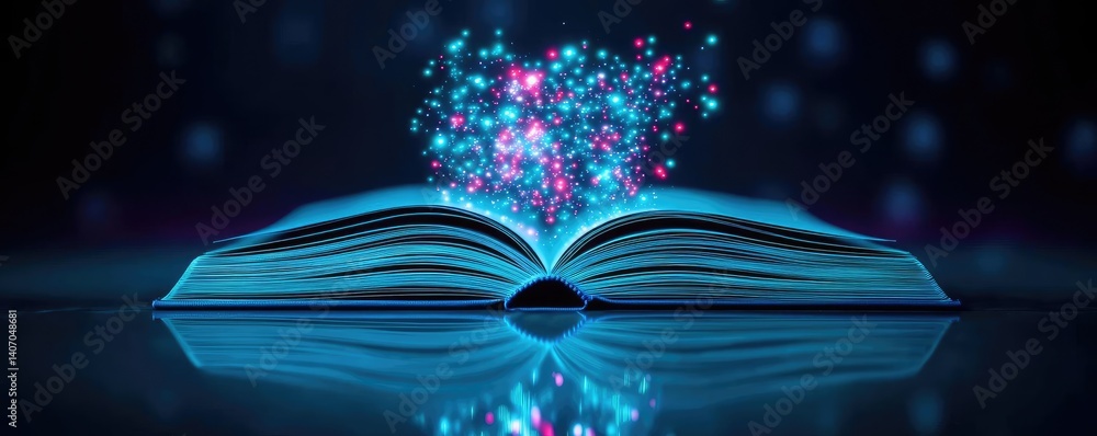 Poster open book under starry sky revealing universe of imagination concept. an open book with glowing part