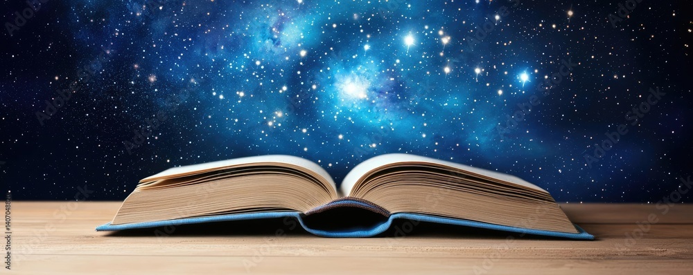 Poster open book under starry sky inspiring universe of learning concept. an open book against a starry sky