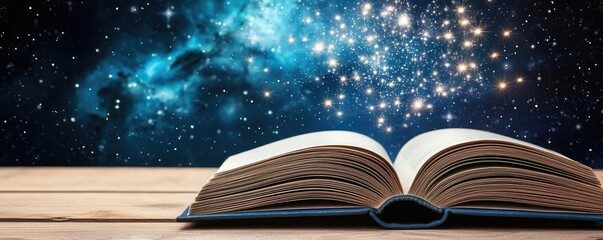 Open book under starry sky inspiring universe of learning concept. An open book against a starry sky, evoking imagination and wonder.