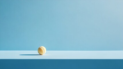 Minimalist image of a tennis ball on an even solid blue surface sharp details
