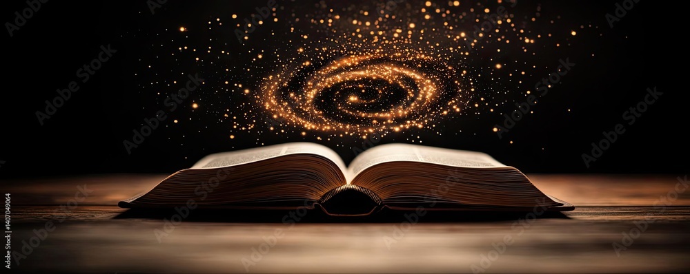 Poster open book under starry sky revealing universe of imagination concept. an open book reveals a galaxy 