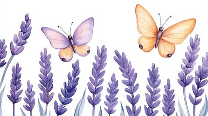 Lavender Butterflies: A charming watercolor illustration showcasing a pair of delicately painted butterflies fluttering amidst a vibrant lavender field.