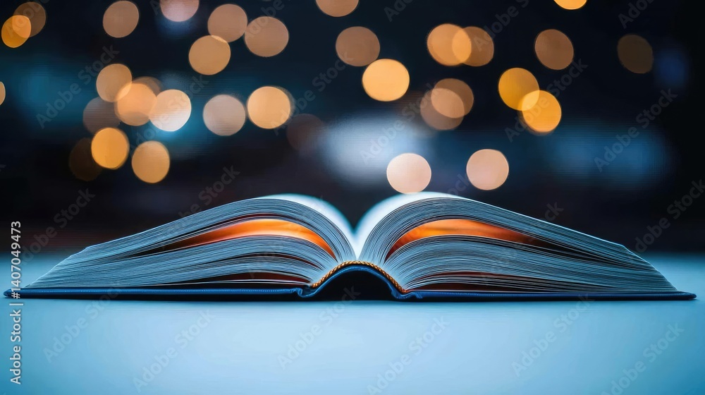 Poster open book under starry sky inspiring universe of learning concept. a captivating open book with glow