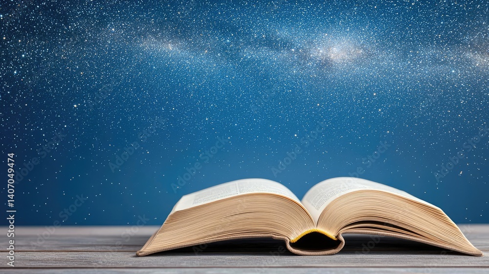 Poster open book under starry sky reflecting universe of knowledge concept. an open book under a starry sky