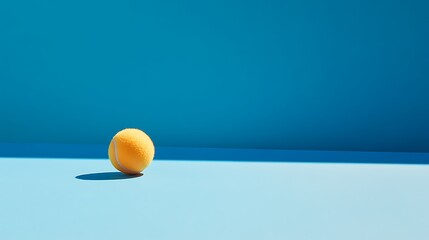 Clean image of a single tennis ball perfectly still on a blue background sharp contrast