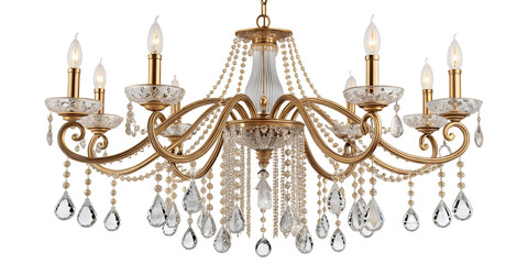 This stunning chandelier features exquisite crystal pendants that dangle gracefully from its ornate structure. With multiple arms adorned in gold, each light fixture is elegantly PNG transparent