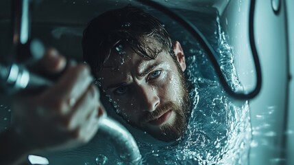 Plumber fixing a burst pipe under a sink. Featuring plumbing repair