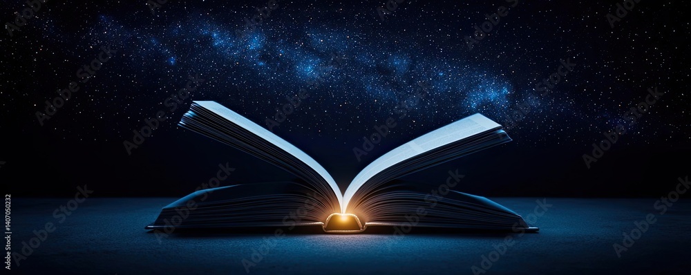 Poster open book under starry sky reflecting universe of knowledge concept. an open book illuminated by a g
