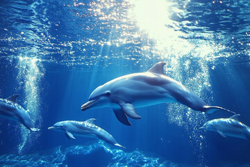 Fototapeta premium School of dolphins swims gracefully through sunlit ocean waters near coral reef
