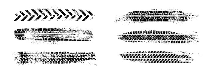 Tire track set. Tyre marks of car, bike, motorcycle with grunge effect on white background. Wheel footprint, road element, dirty rubber protector pattern. Realistic vector illustration.