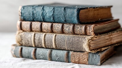 Stack of antique books with worn leather covers.