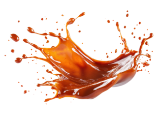 Chili sauce splash with droplets in motion on a solid white surface, high-detail transparent-style stock photo for recipe websites