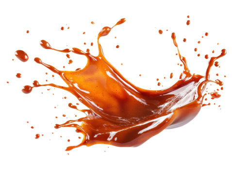 Chili sauce splash with droplets in motion on a solid white surface, high-detail transparent-style stock photo for recipe websites
