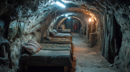 Naklejka premium Survivors adapt to life in underground bunkers, creating makeshift homes in a world marked by radiation