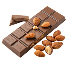 A sleek milk chocolate bar is elegantly displayed with scattered almonds nearby, emphasizing the blend of rich chocolate and crunchy nuts. The smooth surface and subtle PNG transparent