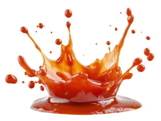 Chili sauce splash with droplets in motion on a solid white surface, high-detail transparent-style stock photo for recipe websites