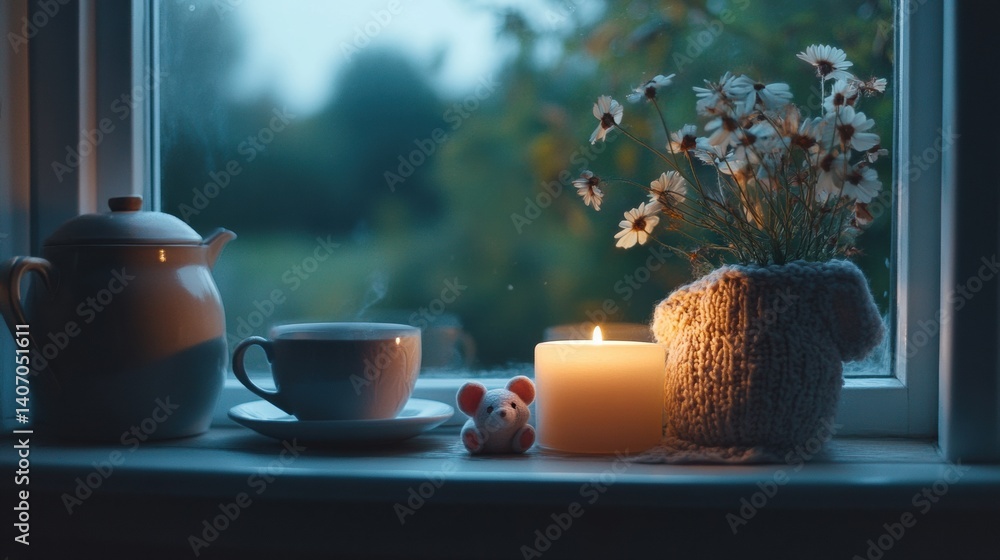 Poster cozy window sill with tea, candle, and a plush mouse, creating a peaceful atmosphere at dusk in a qu