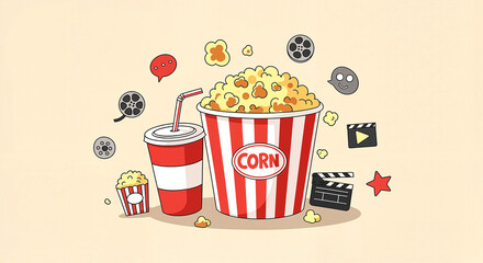 Popcorn and soda surrounded by movie icons for clipart use, themed flyers, and snack packaging design